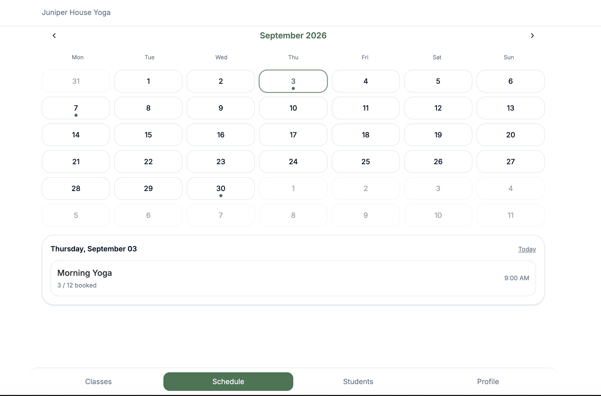Trainer schedule screenshot